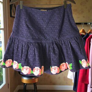 Manoush Paris Navy Eyelet Mini Skirt - Embroidered Rose Hem - Coquette FR 36/US